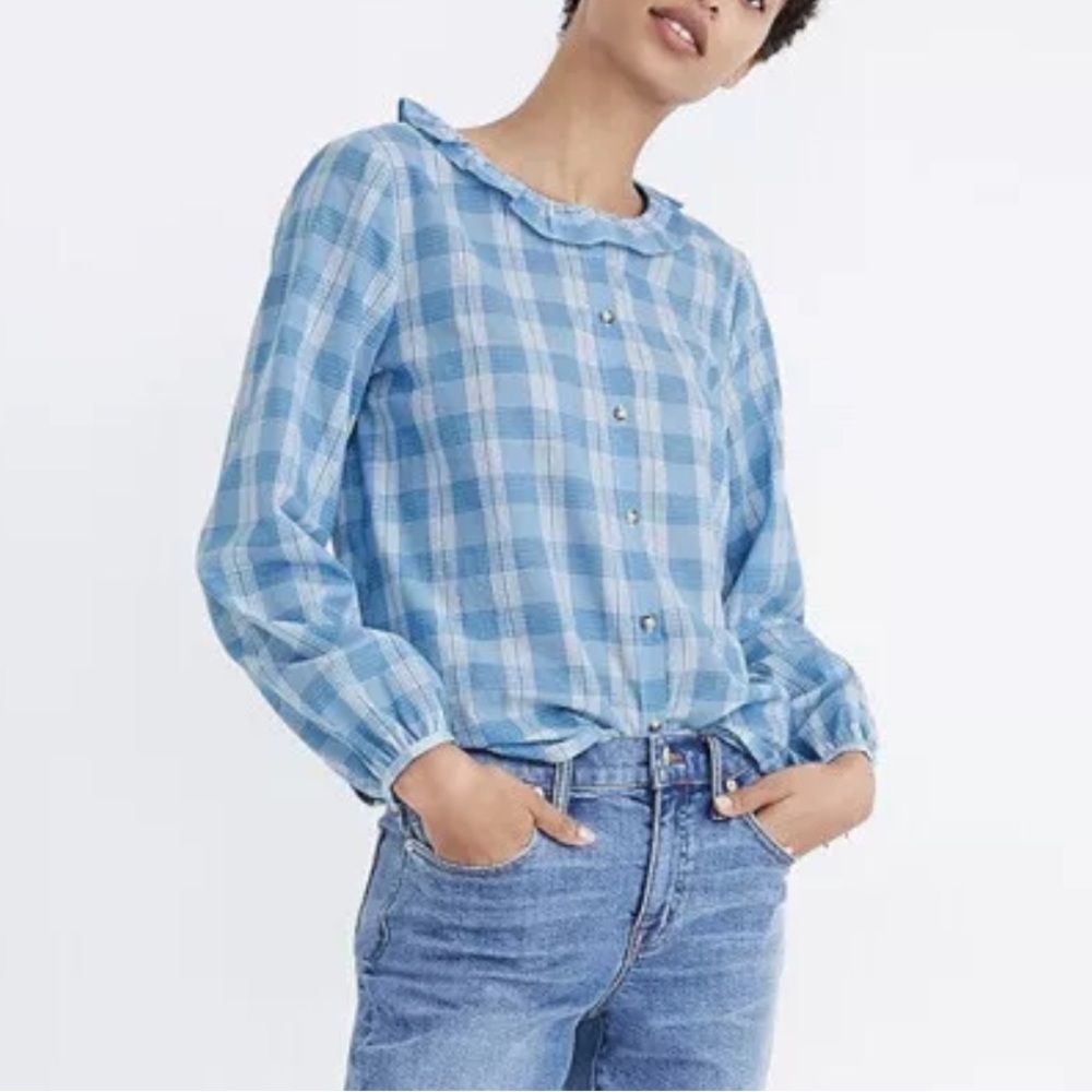Madewell Ruffle Neck Top in Coldwell Plaid